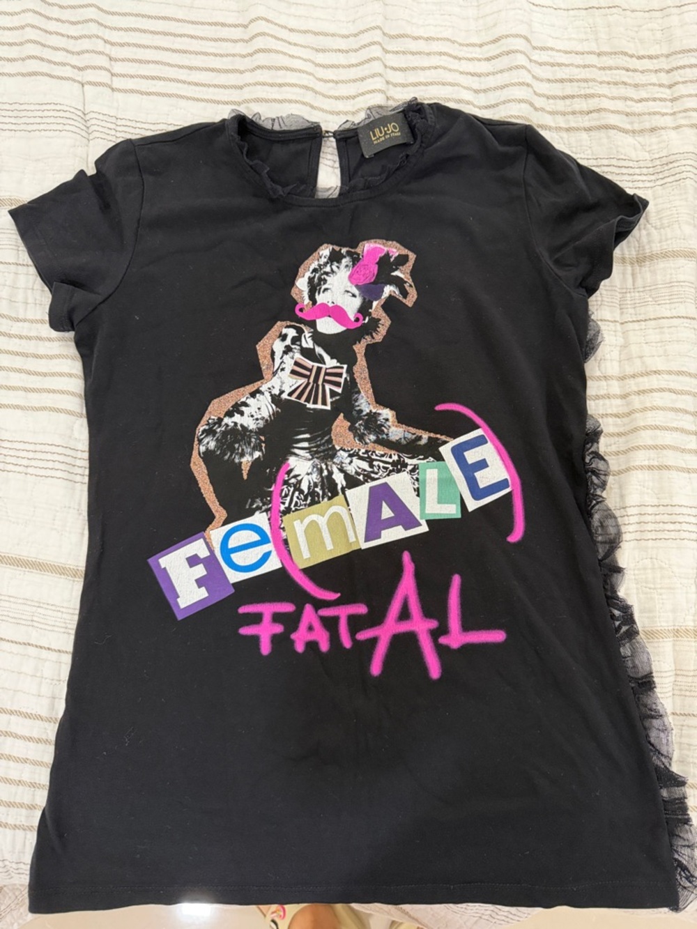 Liu Jo Black Graphic 'Fe(male) Fatal' Tee with Pink & Purple Accents
